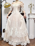 Sweet Light Champagne Off-the-shoulder A-Line Princess Prom Dresses Chiffon Lace Vintage Wedding Dress HZ1108