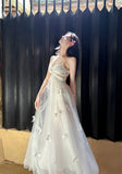Fairytale Pearl Butterfly Tulle White French A-Line Spaghetti Straps Birthday Dresses HZ1108