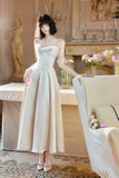 French Light Champagne Spaghetti Strap Satin A-Line Bridal Dress Elegant Wedding Guest Dress HZ1108