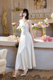 French Light Champagne Spaghetti Strap Satin A-Line Bridal Dress Elegant Wedding Guest Dress HZ1108
