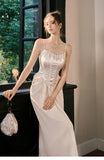 Light Champagne French Pearl Pendant Party Dress Satin Spaghetti Straps Chiffon Birthday Dress HZ1108