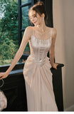 Light Champagne French Pearl Pendant Party Dress Satin Spaghetti Straps Chiffon Birthday Dress HZ1108
