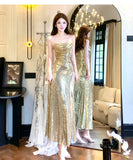 Elegant Gold Sequin Spaghetti Strap A-Line Evening Dress Backless Sparkling Birthday Party Dress HZ1108