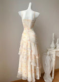 Sweet French Ruffle Print Spaghetti Strap Dress Fashion Mermaid Party Dress HZ1108