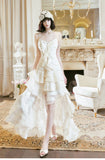 Sweet Light Apricot Spaghetti Strap Chiffon Ruffle Hi-Lo Birthday Party Dress HZ1108