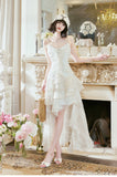 Sweet Light Apricot Spaghetti Strap Chiffon Ruffle Hi-Lo Birthday Party Dress HZ1108