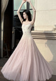 Sweet Pink Purple Lace Tulle Spaghetti Strap A-Line Prom Dresses HZ1108