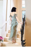 French Elegant Spaghetti Straps Ruffled Tulle Sheath Evening Dress HZ1108