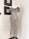 French Elegant Spaghetti Straps Ruffled Tulle Sheath Evening Dress HZ1108