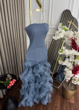 Dusty Blue Mermaid Strapless Long Tulle Prom Dress with Ruffle Evening Gowns HZ1108