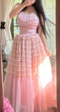 Sweet Pink Tulle Layered A-line Strapless Birthday Prom Dresses Formal Evening Gowns HZ1108