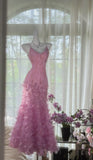 Fairytale Pink Purple Spaghetti Straps Satin Beading Long Prom Dress Retro Backless Evening Gowns HZ1108