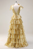 Gorgeous Gold V-neck Glitter Satin Layered A-Line Prom Dresses Sweet Formal Evening Dress HZ1108