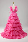 Gorgeous Gold V-neck Glitter Satin Layered A-Line Prom Dresses Sweet Formal Evening Dress HZ1108