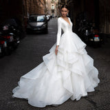 White V-Neck Ball Gown Long Sleeves Satin Wedding Dress For Women 2023 Vintage Illusion Back With Button Custom Made
