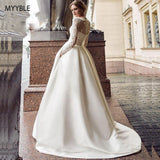 2023 vestido de Novia de manga larga modesto vestido de Novia de satén con apliques de línea a con bolsillos Vestido