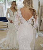 Luxury Mermaid Wedding Dress V-Neck Long Sleeve Lace Appliques Backless Sweep Train Bride Gown Vestidos De Noiva