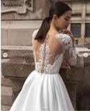 Elegant Satin Wedding Dresses Long Sleeve Lace Bride Gown Illusion Back Wedding Gown Covered Back Vestido de novia 2023