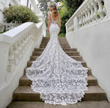 Dress Mermaid V-Neck Tank Backless Lace Appliques Sequined Tulle Floor Length Sweep Train Gorgeous Bride Gown 2023