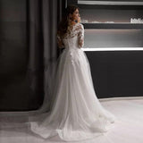 Tulle Scoop Wedding Dress Simple Long Sleeves A-Line Lace Appliques Illusion Back With Button Bridal Gown Custom Made