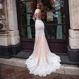 Gorgeous Long Sleeve Lace Mermaid Wedding Dress Illusion Tulle Bridal Gown With Button Back Sheer O-Neck Sweep Train