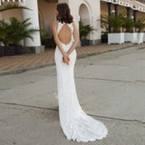 Lace Applique Halter Mermaid Wedding Dresses 2023 For Women Custom Sexy Front Slit Backless Puff Sleeve Bridal Dress