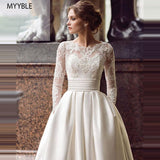 2023 vestido de Novia de manga larga modesto vestido de Novia de satén con apliques de línea a con bolsillos Vestido