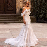 Mermaid Tulle Wedding Dress Sexy Sweetheart Neck Lace Appliques Off The Shoulder With Ruffles Zipper Backless Bridal Gown