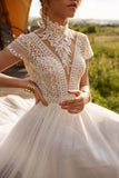 Boho Lace Tulle High Neck Wedding Dress 2023 Cap Sleeves A-Line Bohemian Bridal Gown Vintage Elegant Robe De Mariée