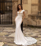 Mermaid Wedding Dresses 2023 Cap Sleeve V-Neck Lace Appliques Sequined Sexy Open Back Sweep Train Ivory Bride Gown