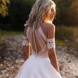 Boho Satin Off The Shoulder Wedding Dresses Princess O-Neck A-Line Lace Appliques Illusion Back With Button Bridal Gowns