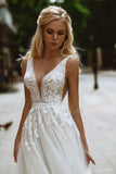 Boho Wedding Dresses V-Neck Appliques Lace A-Line Tulle Wedding Gown Beach Simple Bridal Dress bestidos de novia 2023