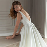 Pleats Satin Wedding Dress 2023 For Women A-line V-Neck Sleeveless Backless With Beading Bridal Gown Vestido De Novia