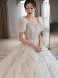 Wedding Dress 2023 Star Sky Long Train High Waist For Pregnant Crystal Shinny Bride Dress Short Sleeve Ball Gown Dresses