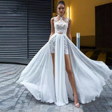 Sexy Side Split Halter Wedding Dress A-Line Sleeveless Lace Appliques Backless Sweep Train Chiffon Bridal Gown