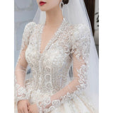 Sleeved Winter Wedding Dress 2023 New V Neck Luxury Long Sweep Train Beading Princes Wedding Gown Vestido De Noiva