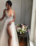 Wedding Dresses 2023 Sexy Side Split Beaded Deep V Neck Backless Bohemian Bridal Gowns Floor Length Vestido De Novia
