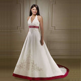 Ivory and Royal Blue A Line Wedding Dresses Halter Neck Embroidery beading Court Train Lace Up Bridal Gowns Custom Made 925