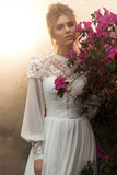 Chiffon Long Puffy Sleeves Boho Wedding Dresses 2023 High Neck Lace Appliques Muslim Bridal Gown Vintage Vestido De Noiva