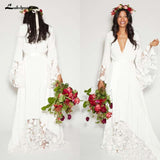 Bohemian Long Sleeves Deep V Neck Hippie Beach Wedding Gown Plus Size Wedding Dresses