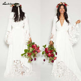 Bohemian Long Sleeves Deep V Neck Hippie Beach Wedding Gown Plus Size Wedding Dresses