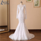 NICEB Mermaid Wedding Dress 2023 Illusion Back Vestido De Noiva Long Sleeve Beads O Neck Lace Appliques Bride Bridal Gown