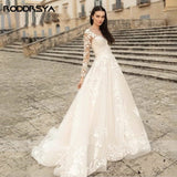 Elegant O-Neck Wedding Dresses Lace Up A-Line Appliques Long Sleeves Beach Bride Gowns robe de mariée bohème Plus Size