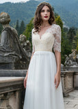 Sleeves A Line Wedding Dresses V Neck Lace Appliques Bridal Gown Floor Length Buttons Back Ivory Tulle Bohemian Bride Dress