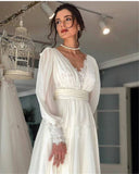 Vintage Boho Lace Chiffon Wedding Dresses Puff Long Sleeves V Neck Bohemian Bride Gowns Floor Length Elegant Bridal Dress