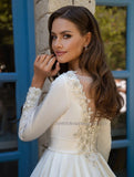 Muslim Long Sleeves Wedding Dresses Appliques Scoop Neck Buttons Back Court Train Formal Brides Gowns