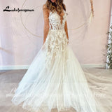 A-Line Backless Wedding Dress 2023 Vintage Lace Applique Beaded Off White Tulle Wedding Gowns Trouwjurk Long Bridal Dress