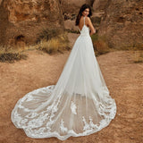 In 1 Wedding Jumpsuit With Detachable Skirt Two Pieces Bridal Dresses Pants Suit For Women Lace Tulle V-Neck Sweep Train