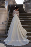 A Line Wedding Dresses with Lace Long Sleeves Sweetheart Zipper Back Floor Length Pleated Satin Robe de Mariage