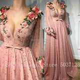 Full Beads Long Evening Dresses Lace Appliques 3D Flowers V-Neckline Full Sleeves Floor Length Evening Formal Party Gowns